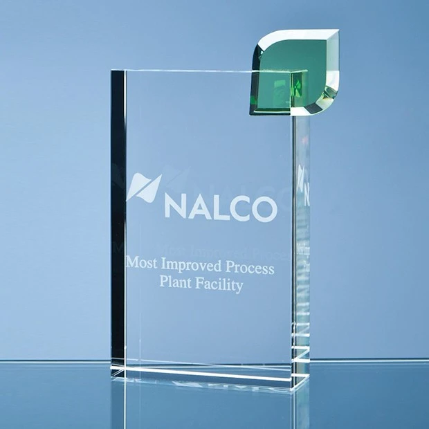 17cm Optical Crystal 'Eco Excellence' Award with a Single Green Leaf