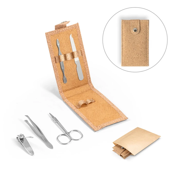 Zena Stainless Steel Manicure Set In Cork Pouch