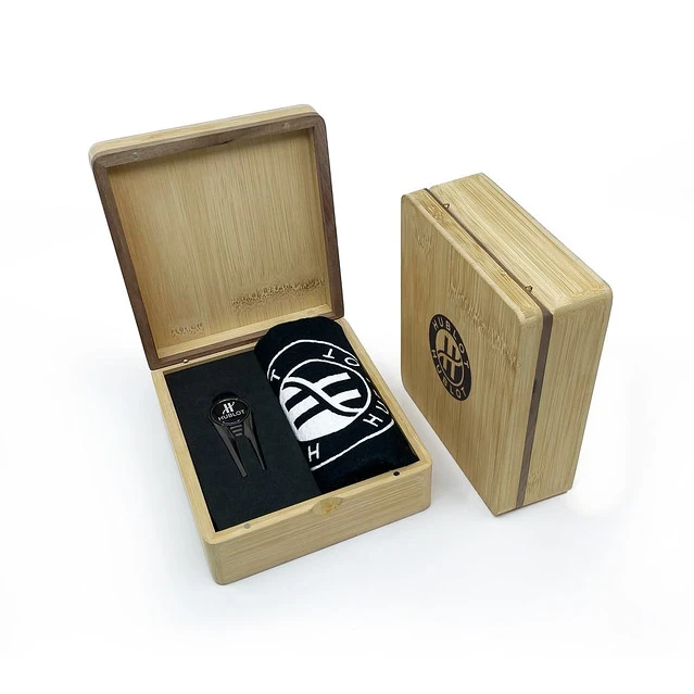 Mini Hinged Magnetic Bamboo Towel And Geo Golf Presentation Box