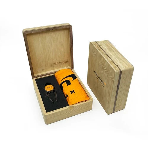 Mini Hinged Magnetic Bamboo Towel And Quatro Golf Presentation Box