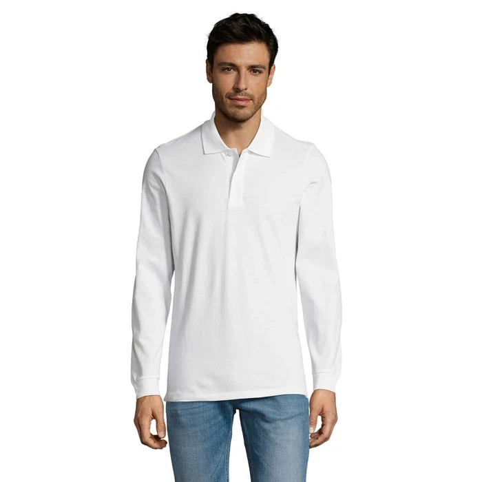 Perfect Long Sleeved Mens Polo Pique White