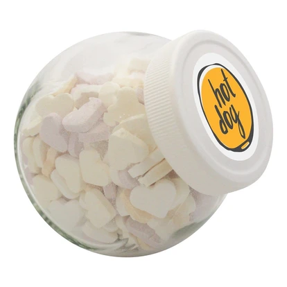 395ml/505gr Candy jar with white plastic lid and filled with hearts small