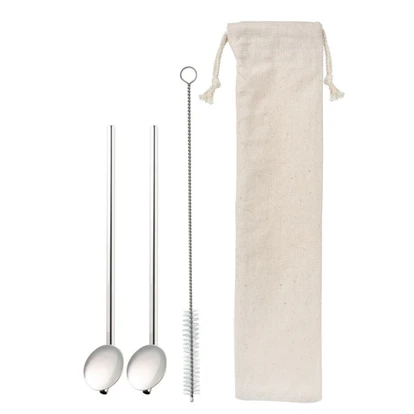 Set Of 2 Stainless Steel Straws With Spoon