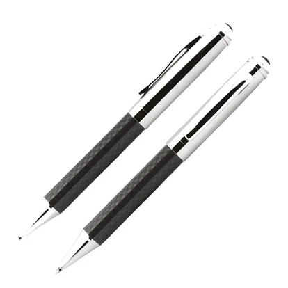 Carbon Fibre Ballpoint & Rollerball Set - Chrome - in Chrome Box