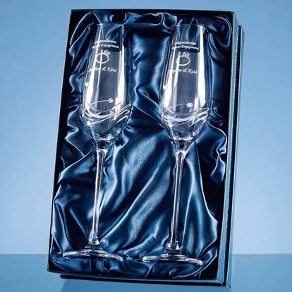 2 Diamante Champagne Flutes with Elegance Spiral Cutting in an attractive Gift Box